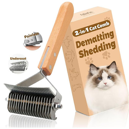 FelineFun Cat Brush for Dematting &amp; Deshedding, 2 in 1 Undercoat Rake, Efficiently Remove Loose Hair &amp; Matted Fur, Professional Shedding Comb for Indoor Cats &amp; Long Haired Cats