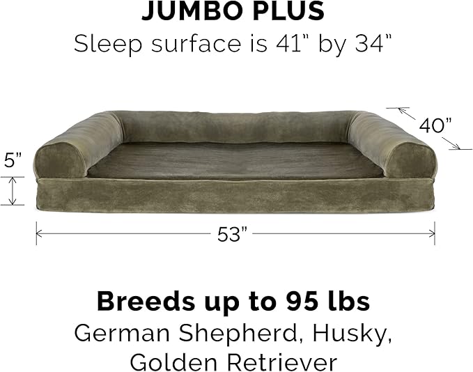 Furhaven Orthopedic Dog Bed for Large Dogs w/ Removable Bolsters &amp; Washable Cover, For Dogs Up to 125 lbs - Faux Fur &amp; Velvet Sofa - Dark Sage, Jumbo Plus/XXL