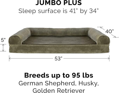 Furhaven Cooling Gel Dog Bed for Large Dogs w/ Removable Bolsters &amp; Washable Cover, For Dogs Up to 125 lbs - Faux Fur &amp; Velvet Sofa - Dark Sage, Jumbo Plus/XXL