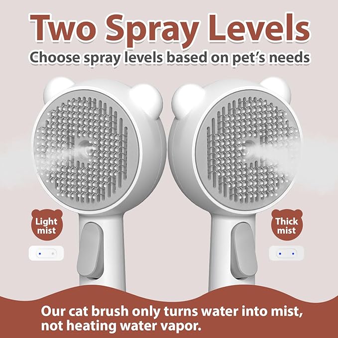 Cat Steam Brush with 2 Spray Levels &amp; Release Button, 4-in-1 IPX7 Waterproof Water Brush for Shedding Grooming, Pet Hair Removal Comb for Long Short Haired Cats Dogs, Self Cleaning Slicker
