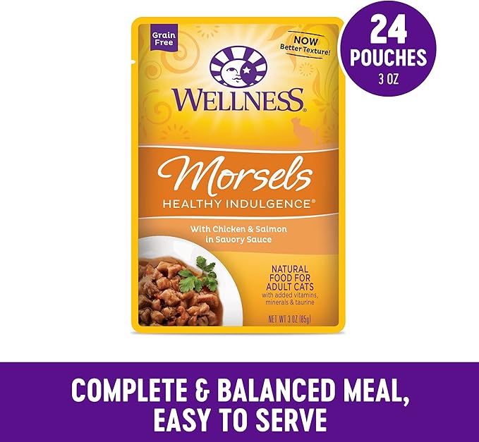 Wellness Healthly Indulgence Morsels Adult Wet Cat Food, Natural, Protein-Rich, Grain Free, 3 Ounce Pouch, 24 Pack, (Chicken &amp; Salmon)