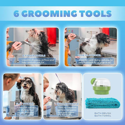 Dog Dryer for Pet Grooming Professional, 6HP/3500W High Velocity Blow Dryer for Dogs, Dual Motor Pet Dryer, Adjustable Temperature 95-125℉ &amp; Airflow 0-90 M/S, 2.5-7.5 FT Hose with 4 Nozzles