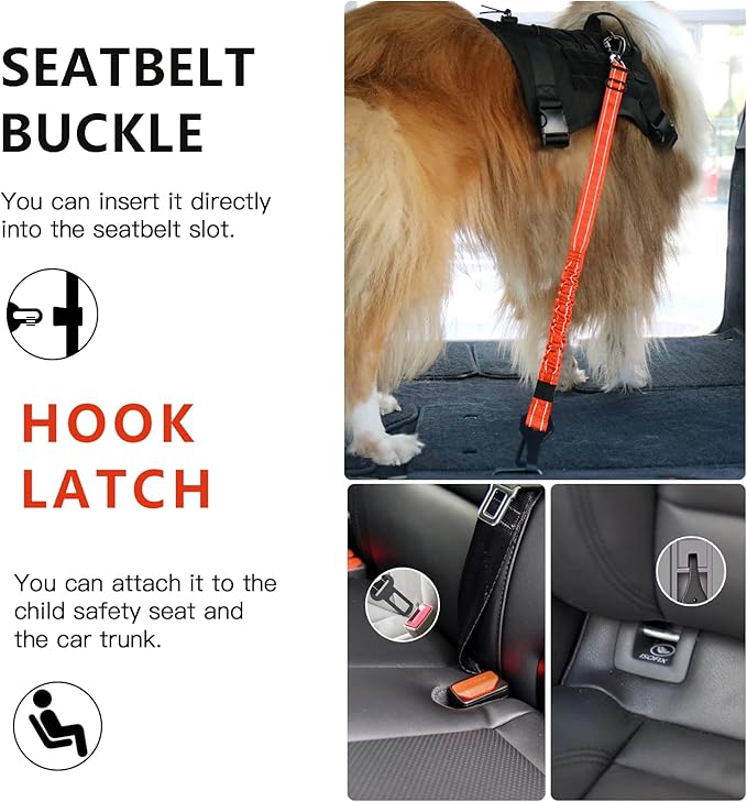 AUBELL Dog Seat Belt for Car,2 Pack Set 3-in-1 Adjustable Reflective Bungee Heavy Duty Dog Car Harness Tether with Clip Hook Latch &amp; Buckle,Swivel Zinc Alloy Carabiner,Black+Orange