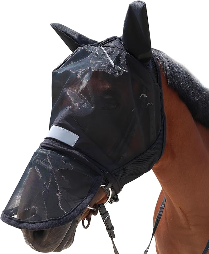 Luminous Horse Fly Mask with Long Nose, Ears, Full Face &amp; Eye Protection - Full Mesh, Detachable Nose Cover, Fleece Padded Edging, Hook-and-Loop Straps with Webbing, Hanging Straps Black