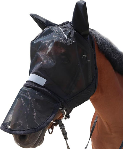 Luminous Horse Fly Mask with Long Nose, Ears, Full Face &amp; Eye Protection - Full Mesh, Detachable Nose Cover, Fleece Padded Edging, Hook-and-Loop Straps with Webbing, Hanging Straps Black