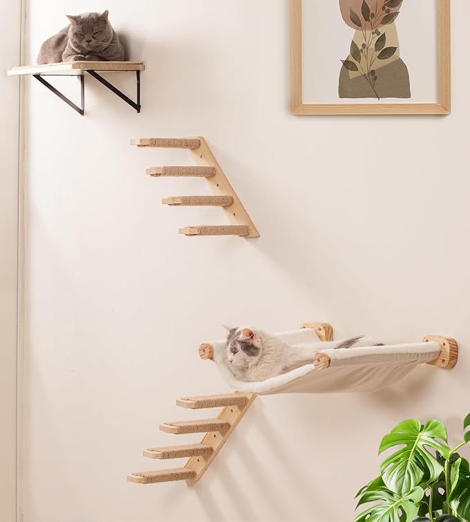 Cat Wall Hammock Shelves, Dual-Sided Cat Bed with Canvas &amp; Plush Fabric, Wall Mounted Shelf for Large Cats, Space-Saving Perch for Lounging &amp; Napping