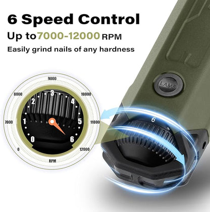 Casfuy 6-Speed Dog Nail Grinder - Newest Enhanced Pet Nail Grinder Super Quiet Rechargeable Electric Dog Nail Trimmer Painless Paws Grooming &amp; Smoothing Tool for Large Medium Small Dogs (Army Green)