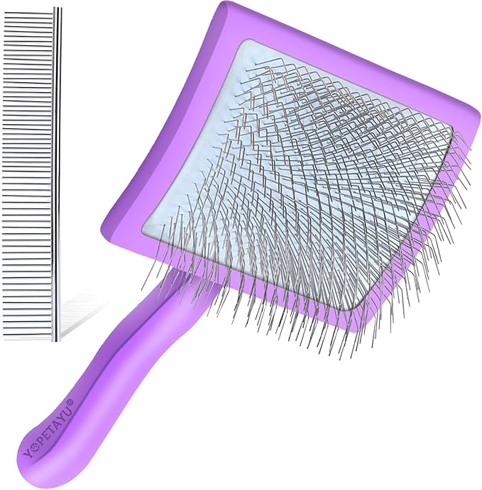 Dog Slicker Brush for Shedding and Grooming Medium or Long Haired Cats, Extra Long &amp; Soft Pin Slicker Brush for Removes Loose Hair, Tangles, Knots, Undercoat, Free Pet Comb, Large Purple