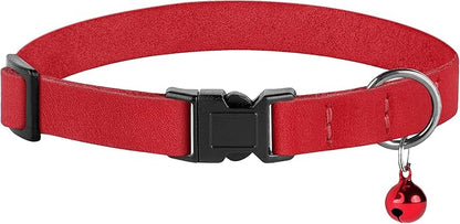 Breakaway Cat Collar Leather with Removable Bell - 13 Colors Available - Soft Adjustable Girl Boy Safety Lightweight Pet Kitten Collars Pink Brown Blue Green Red Orange Black (Red)