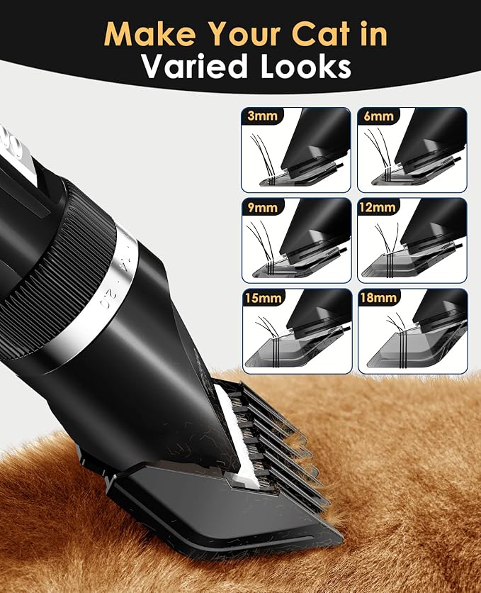 oneisall Quiet Cat Clippers for Matted &amp; Long Hair, 2-Speed Cordless Pet Shaver Grooming Kit for Cats, Small Dogs &amp; Animals (Black)