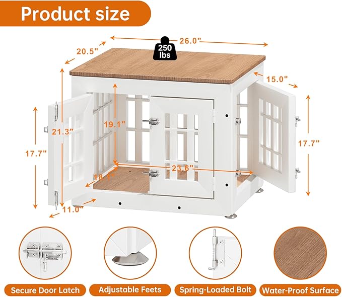 26" Heavy Duty Dog Crate Furniture for Small,Medium and Large Dogs,Rustic Wooden Dog Cage Kennel Indoor Furniture with Waterproof Top,Decorative Pet House Side End Table (White &amp; Wood)