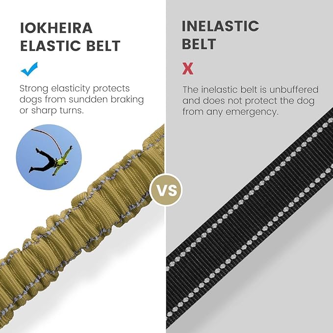 IOKHEIRA Dog Seat Belt 3-in-1 Car Harness for Dogs Adjustable Safety Seatbelt for Car Durable Nylon Reflective Bungee Fabric Tether with Clip Hook Latch &amp; Buckle, Swivel Zinc Alloy Carabiner Green
