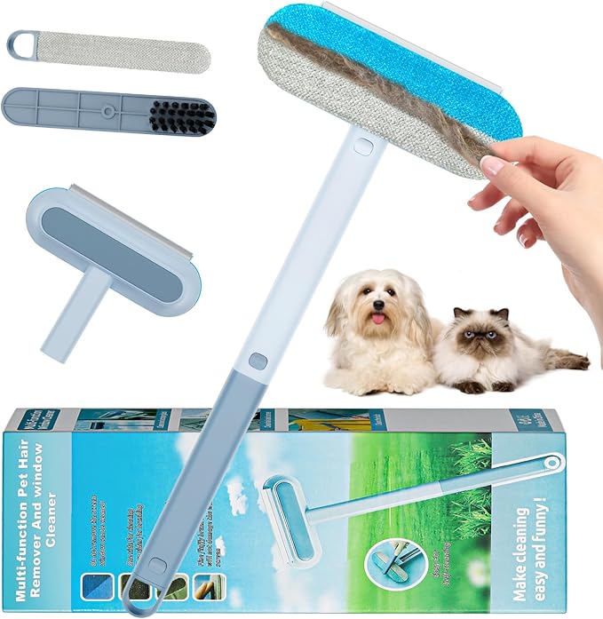 Multifunctional Pet Hair Remover Tool, 4 in 1-Reusable Washable Long Handle Dog&amp;Cat Fur Hair Remover for Furniture,Carpet,Couch,Clothes,Bedding,Car,Window,Better Than Lint Rollers, with 2 Scrapers