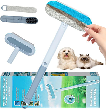 Multifunctional Pet Hair Remover Tool, 4 in 1-Reusable Washable Long Handle Dog&amp;Cat Fur Hair Remover for Furniture,Carpet,Couch,Clothes,Bedding,Car,Window,Better Than Lint Rollers, with 2 Scrapers
