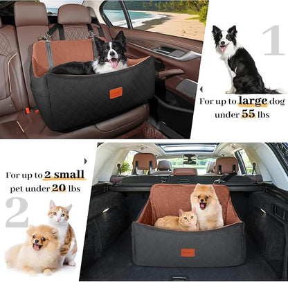 Dog Car Seat for Medium &amp; Large Dogs Up to 55lbs, Memory Foam Cushion, Washable Cover, Safety Straps &amp; Non-Slip Bottom(Black/Brown,Large)