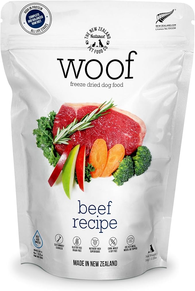 WOOF Freeze Dried Dog Food - Beef Recipe, High Protein Freeze Dried Dog Treats, Dog Food Topper &amp; Meal, 2.2 lb