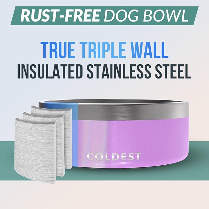 Coldest Dog Bowl - Anti Rust Metal, Non Slip, 3 Layers Insulated Stainless Steel Dog Bowls - Spill Proof &amp; Heavy Duty - Water Bowl for Dogs, Cats, Dish Washer Safe (64 oz, Saturns Purple Glitter)