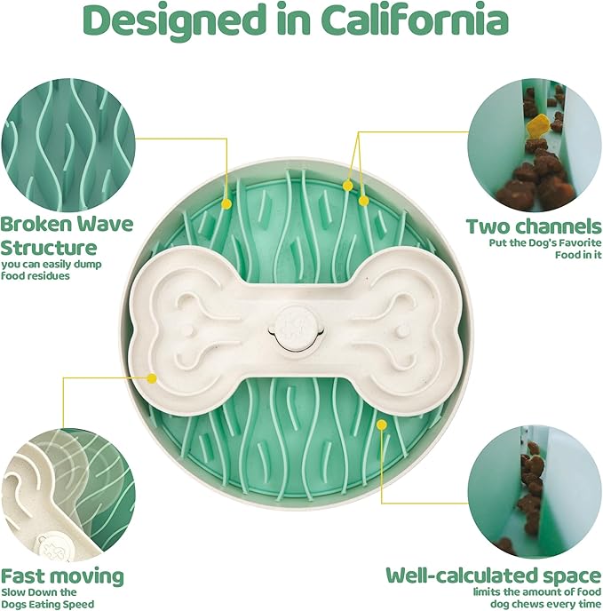 Slow Feeder Dog Bowl for Large Dogs with Non-Slip Base - Adjustable Speed Design, Removable Puzzle Inserts &amp; Dishwasher Safe, Green