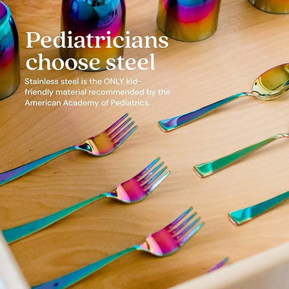 Ahimsa Stainless Steel Kids Utensils - Kids Fork and Spoon Set, Pediatrician Designed Rainbow Silverware Set, 100% BPA Free &amp; Dishwasher Safe (Rainbow)
