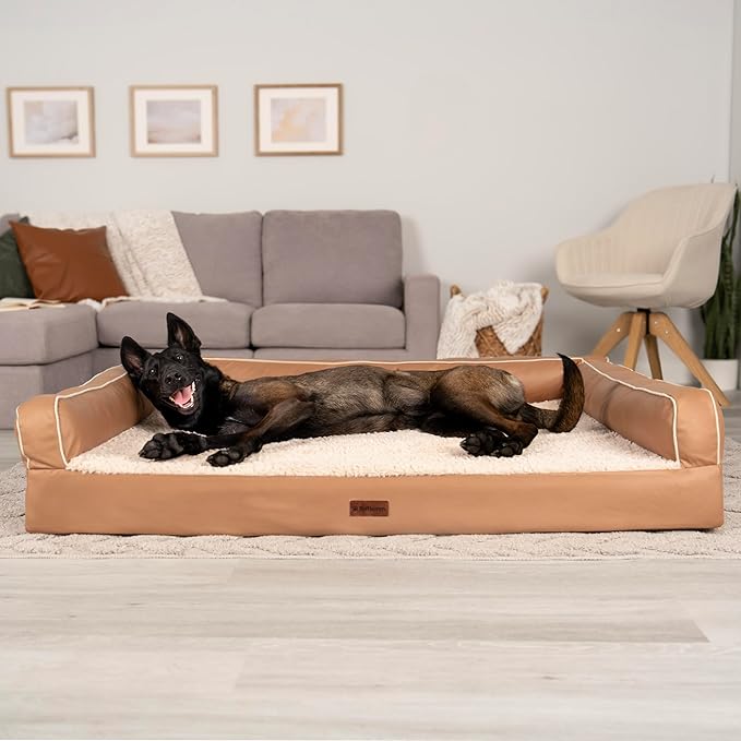 FurHaven Orthopedic Dog Sofa Bed – Memory Foam Couch with Bolsters, Textured Plush &amp; Water-Resistant Cover, Washable Cover, Joint Support - Camel, Jumbo Plus