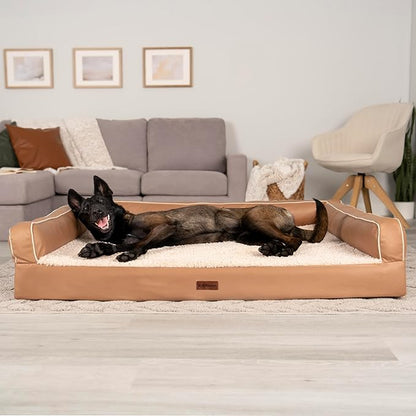 FurHaven Orthopedic Dog Sofa Bed – Memory Foam Couch with Bolsters, Textured Plush &amp; Water-Resistant Cover, Washable Cover, Joint Support - Camel, Jumbo Plus