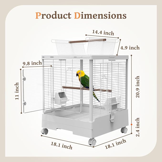Clear View Bird Cage with Play Top, Modern Rolling Flight Cage for Parakeets, Cockatiels, Conures, Lovebirds, White Parrot Cage with 0.4" Bar Spacing, Slide-Out Tray &amp; Accessories