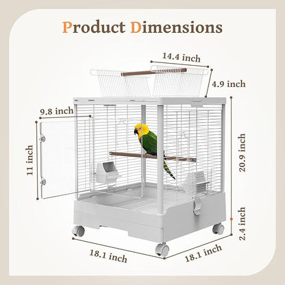 Clear View Bird Cage with Play Top, Modern Rolling Flight Cage for Parakeets, Cockatiels, Conures, Lovebirds, White Parrot Cage with 0.4" Bar Spacing, Slide-Out Tray &amp; Accessories