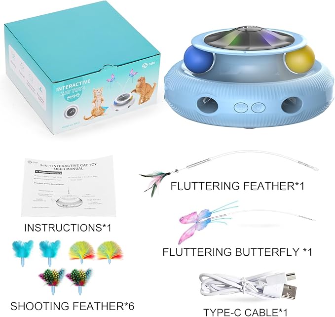 Automatic Interactive Cat Toys for Indoor Cats &amp; Bored Adults - Kitten Toys with Fluttering Butterfly, Ambush Feather &amp; Track Balls - Exercise &amp; Stimulation for Playful Cats (Sky Blue)