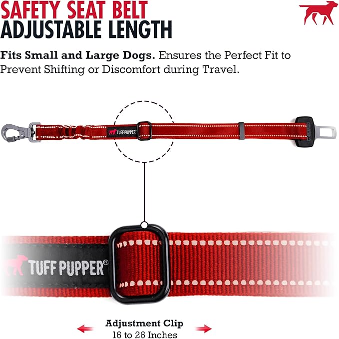 Tuff Pupper Dog Seat Belt | Adjustable Length Dog Seatbelt Restraint | Tangle-Free Locking Carabiner | Shock-Absorbing Bungee | Reflective Stitching for Visibility | Universal Fit for Cars &amp; Trucks