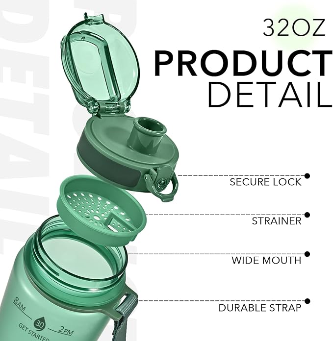 32oz Motivational Water Bottles with Time Marker &amp; Fruit Strainer, Transparent Gradient Color Water Bottle with Times to Drink, Leakproof &amp; BPA Free, Reusable Bottle with Strap (No Straw)