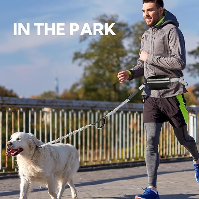 Hands Free Dog Leash, Adjustable Waist Belt with Double Padded Handles, Retractable Bungee for Medium &amp; Large Dogs, Waist Leash for Dog Walking, Running, No Pull, Grey