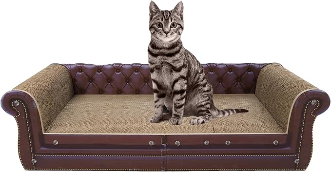 Scratching Sofa, Couch Shaped Thick Scratching Cardboard, Lounge Bed for Indoor Rest&amp;Play, Sofa Scratcher Pad (Brown, 39.4" L X 14" W X 11" H)
