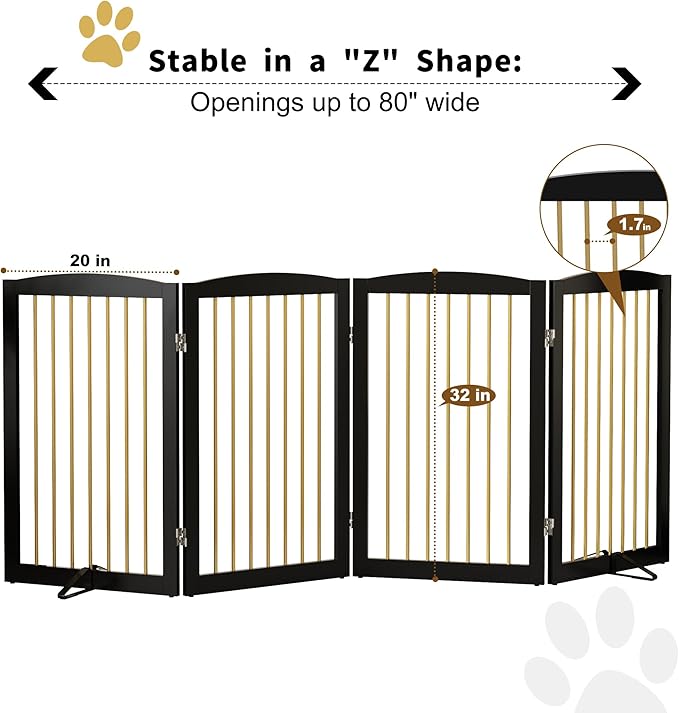 Freestanding Pet Gate for Dogs, Indoor Wooden Dog Gate for House, Foldable Dog Gate for Doorway, Stair, Step Over Pet Puppy Safety Fence Tall, 80 Inch Wide, 4 Panels 32", Black &amp; Gold
