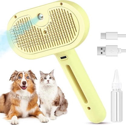 3 in 1 Cat Steam Brush, Pet Spray Hair Removal Comb for Shedding &amp; Grooming, Water Brush for Cats Dogs Small Animals Long Short Haired with One-Click Release Button(Yellow)