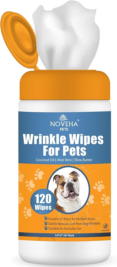 NOVEHA 5”x7” Large Dog Wipes | Wipes for Bulldog, French Bulldog, Pug, English Bulldog | Deodorizing, for Multiple Areas Removes Dirt, Wrinkles, Folds, Tear Stain, Tail Pockets &amp; Paws (120 Counts)