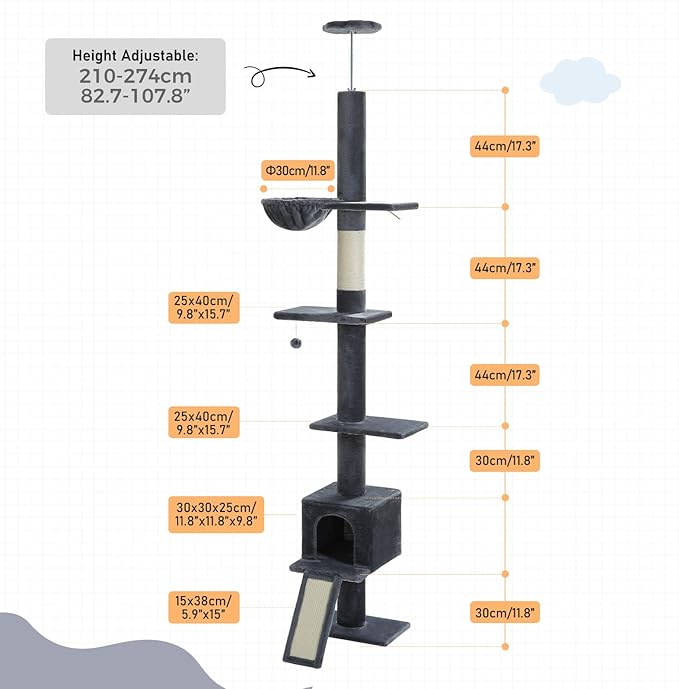 PEQULTI Floor to Ceiling Cat Tree, Tall Cat Tower, Adjustable Height (83&
