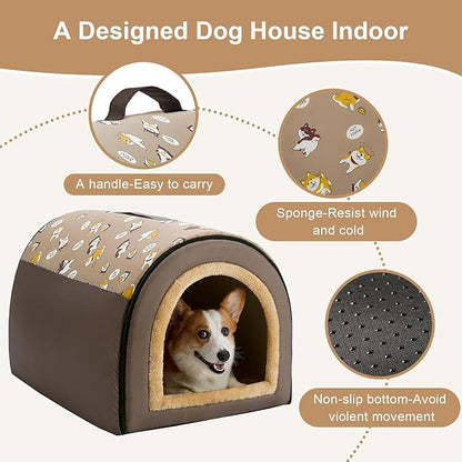 Jiupety Indoor Dog House, 2-in-1 Portable Foldable House Bed with Cover, Pet Tent &amp; Cave Bed for Medium Dogs, XL(29"×21"×20"), Up to 44 Lb, Brown