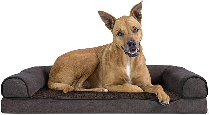 Furhaven Orthopedic Dog Bed for Large/Medium Dogs w/ Removable Bolsters &amp; Washable Cover, For Dogs Up to 55 lbs - Sherpa &amp; Chenille Sofa - Coffee, Large
