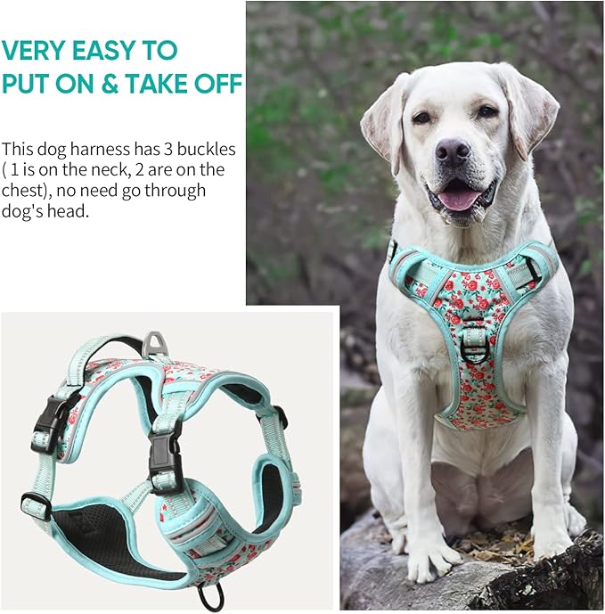 Timos No Pull Dog Harness, Release at Neck Reflective 3 Snap Buckles Adjustable No Choke Pet Vest with Front &amp; Back 2 Leash Clips, Soft Padded Control Training Handle for Small Medium Large Dogs