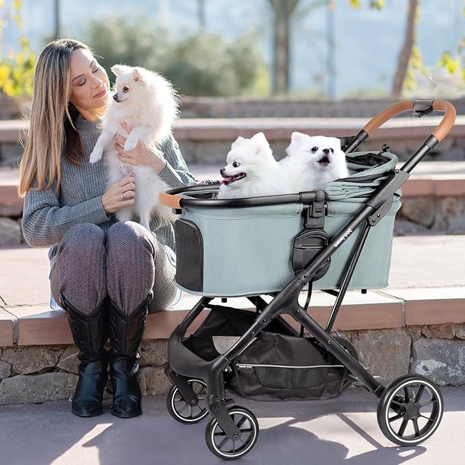 T6 Luxury Pet Stroller for Medium Dogs Up to 66lbs or 2 Small Pets – 3-in-1 Dog &amp; Cat Stroller with Removable Carrier, Foldable &amp; Lightweight (Green)