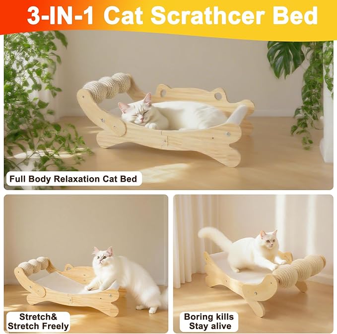 Cat Scratcher Bed for Indoor Cats | 3-in-1 Scratching Post &amp; Hammock Lounge with Wooden Perch, No-Tip Stable Base for Small/Medium/Large Cats ，Durable Scratch Pad &amp; Cat Furniture (Easy Assembly)