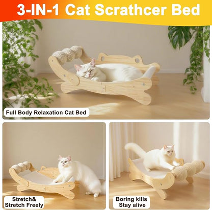 Cat Scratcher Bed for Indoor Cats | 3-in-1 Scratching Post &amp; Hammock Lounge with Wooden Perch, No-Tip Stable Base for Small/Medium/Large Cats ，Durable Scratch Pad &amp; Cat Furniture (Easy Assembly)
