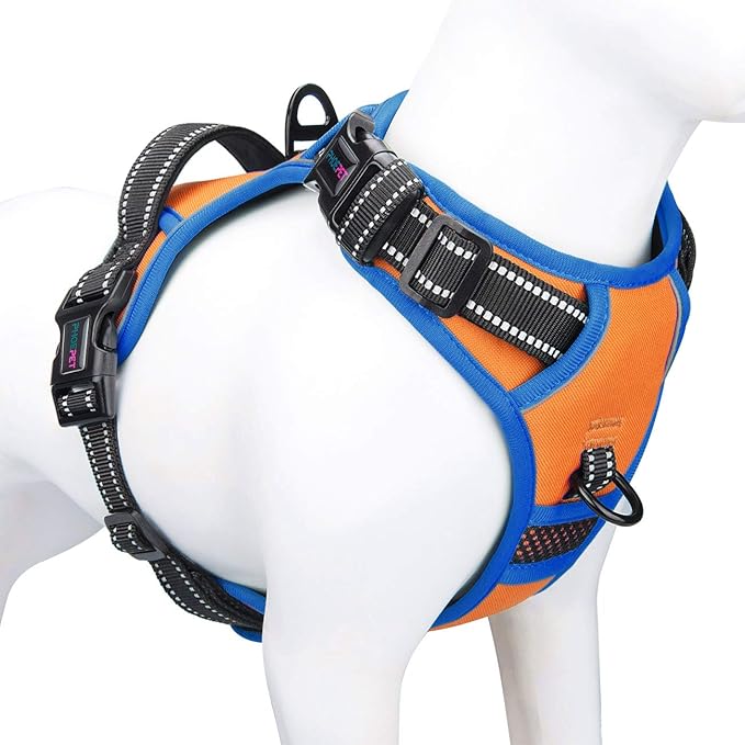 PHOEPET 2019 Reflective Dog Harness Large Breed Adjustable No Pull Vest with with Handle 2 Metal Rings 3 Buckles [Easy to Put on &amp; Take Off](L, Orange)