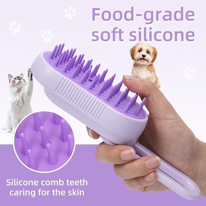4-in-1 Rechargeable Anti-Dandruff Pet Steam Brush — brush for sheddingCats &amp; Dogs,pet hair removal tool. Integrating functions of massage,clean, hair grooming and anti-static (purple)