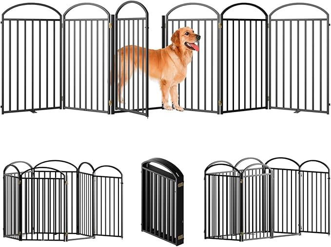 6 Panles Full Matel Freestanding Dog Gates with Door, 144"Extra Wide 36"Tall Free Standing Dog Pet Gate for Indoor &amp; Outdoor. Foldable Pet Fences for Doorways, House, Stairs, Porch, Deck, Yard