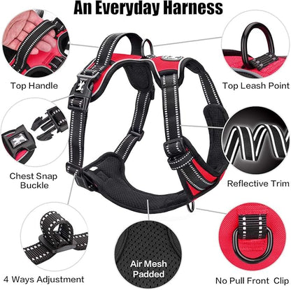 PoyPet No Pull Dog Harness, Reflective Comfortable Vest Harness with Front &amp; Back 2 Leash Attachments and Easy Control Handle Adjustable Soft Padded Pet Vest for Small to Large Dogs (Red,XL)