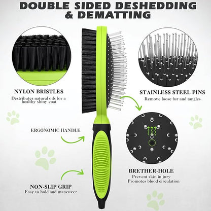 2PCS Pet Grooming Tools - Double-Sided Brush for Shedding and Bathing, Suitable for Short/Long Haired Dogs Cats and Horses, Deshedding Dog Brush, Mane &amp; Tail Combs for Horses - Pet Supplies (Green)