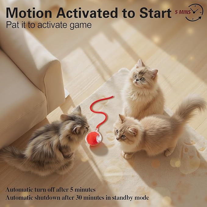 Interactive Cat Toys Ball for Indoor Cats, Automatic Agile Rolling Cat Ball with Elastic Mesh Tail, Bird Chirping &amp; Motion Activated, 2 Tail Accessories, Kitten Toy for Bored (Red)
