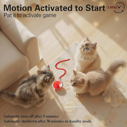 Interactive Cat Toys Ball for Indoor Cats, Automatic Agile Rolling Cat Ball with Elastic Mesh Tail, Bird Chirping &amp; Motion Activated, 2 Tail Accessories, Kitten Toy for Bored (Red)