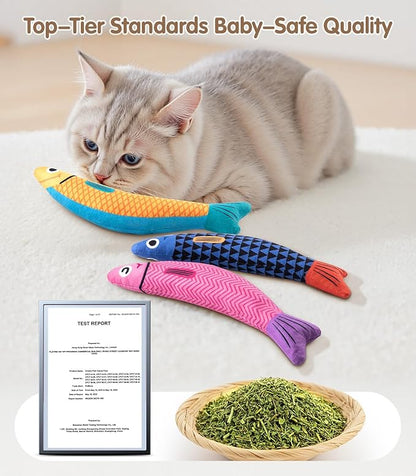 Interactive Cat Toys with[5000mg Premium A+Catnip][Baby Grade] Soft Chew Kicker Cat Toys for Indoor Cats &amp; Kittens, Crinkle &amp;Rattle Fish Sound Toy, Drives Bored Cats Crazy with Fun,3 Pack